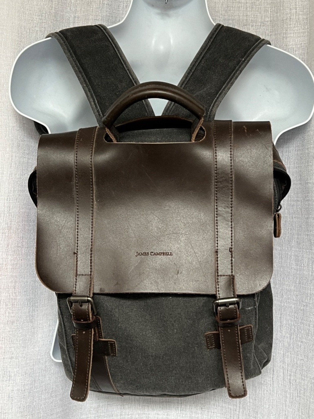 John Campbell Backpack Grey Canvas Padded Straps Laptop Pocket Leather Flap